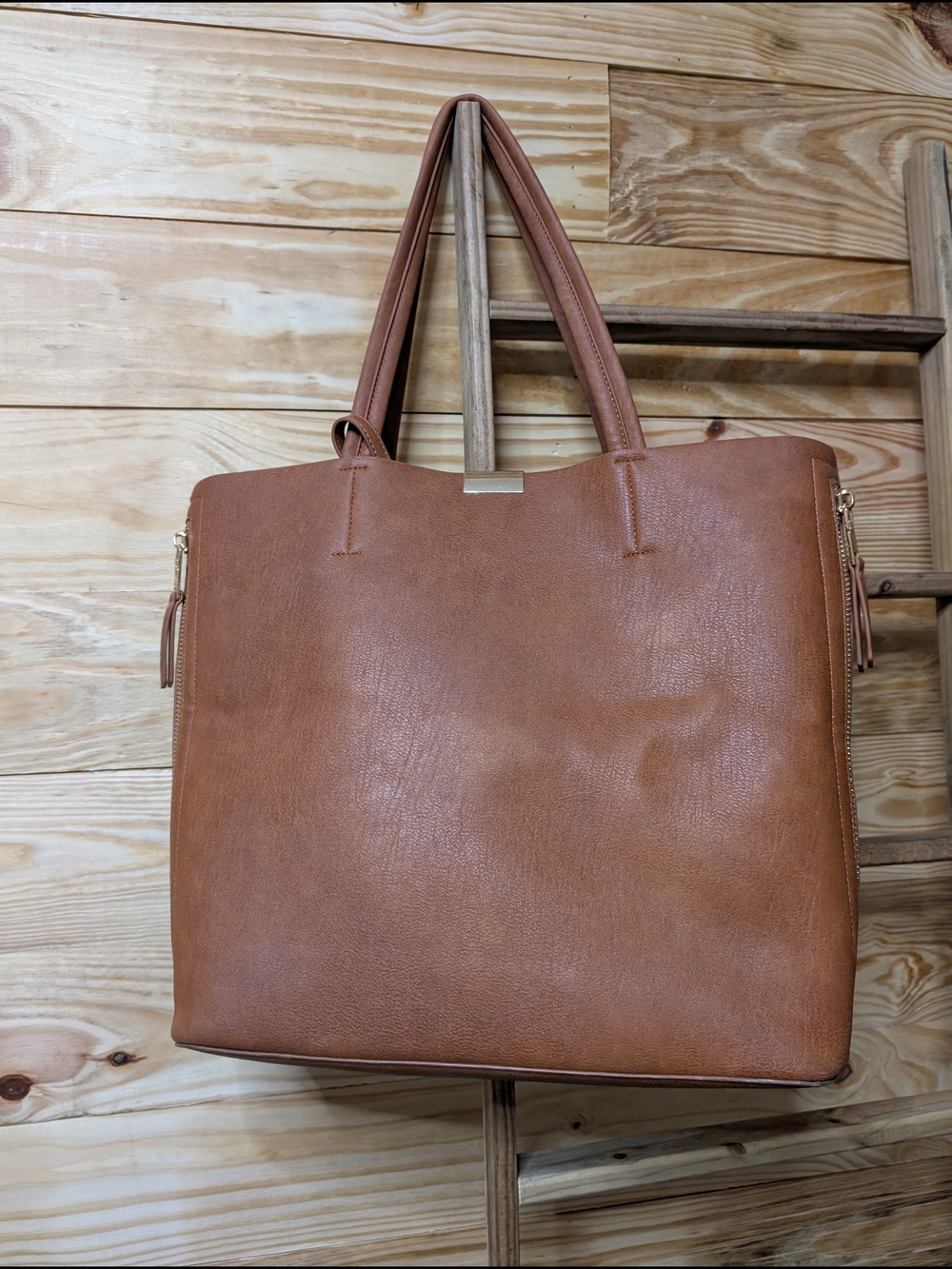 Tan Leatherette Tote Bag with Pouch - Women Bags - Picture 4 of 12